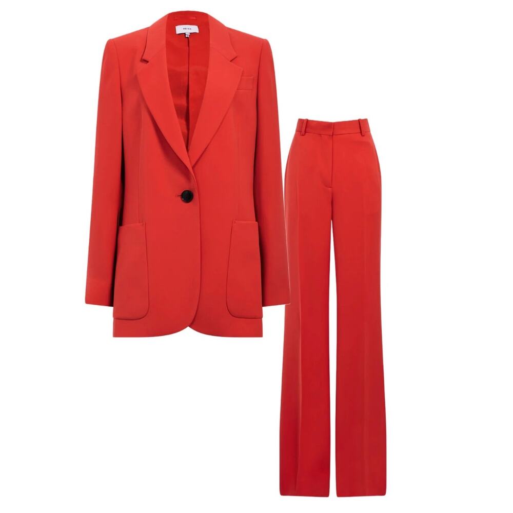 Reiss Maia Coral Red Single Breasted Split Sleeve Blazer & Wide Leg Trousers 6